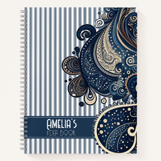 Carnet Idée Boho Retro Paisley Blue Stripes (Devant)