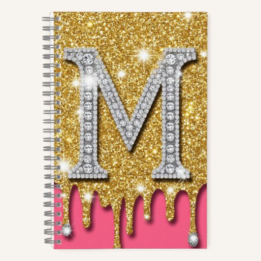Carnet Idée Cadeau Lettre Initiale M Diamant Or Fond Rose (Recto)