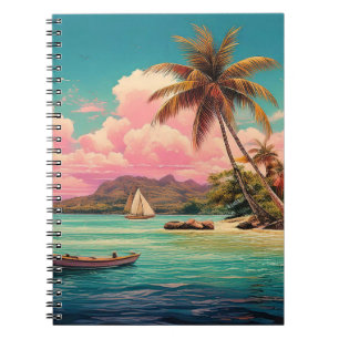 Carnet Ile vintage hawaïenne, palmier, bateau, rose