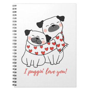 Carnet Illustration d'un couple de Pug mignon avec des cœ