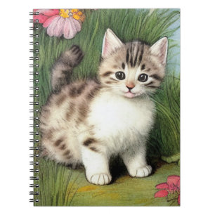 Carnet Illustration vintage de chat avec Fleurs rouges