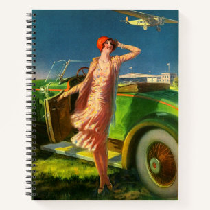 Carnet impression de femme en voiture et avion de 1930