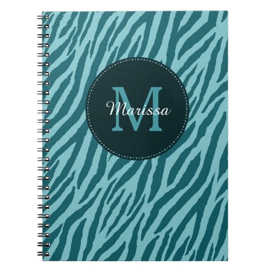Carnet Impression Zèbre Turquoise avec Monogramme et nom (Devant)