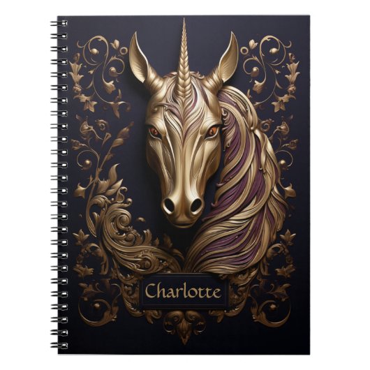Carnet Impressionnante licorne dorée 3D personnalisée (Devant)