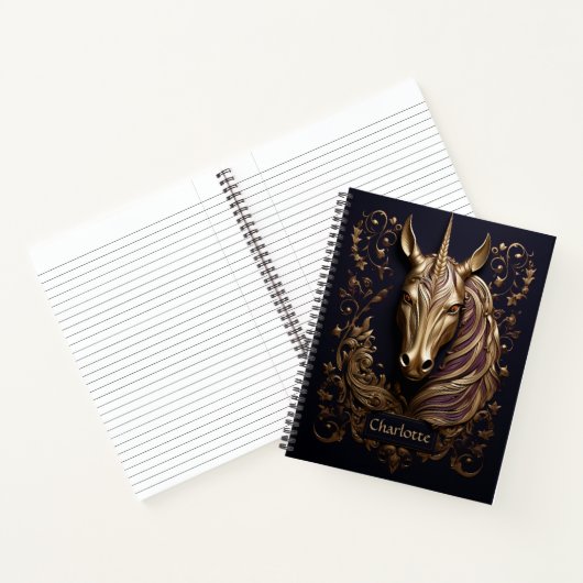 Carnet Impressionnante licorne dorée 3D personnalisée (Intérieur)