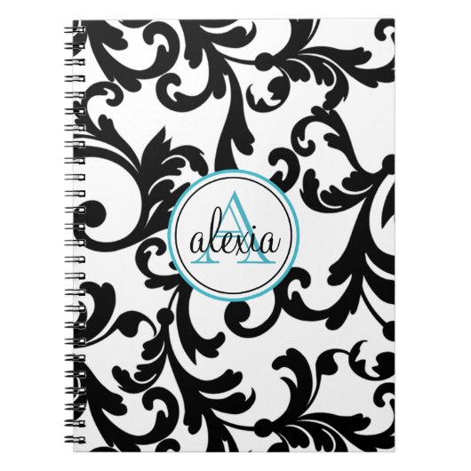 Carnet Imprimer les Damas monogrammes noir et turquoise (Devant)