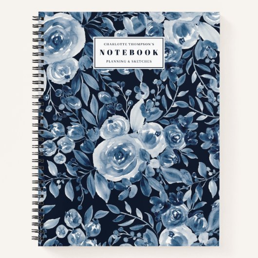 Carnet indigo moderne couleur florale nom marine bleu (Devant)