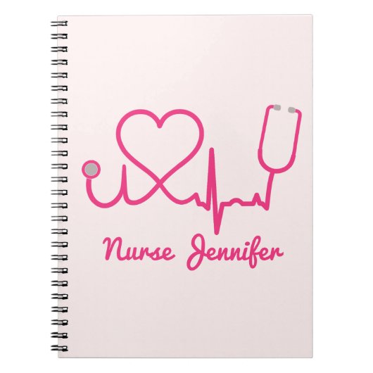 Carnet Infirmière personnalisée rose Nom Stethoscope Coeu (Devant)