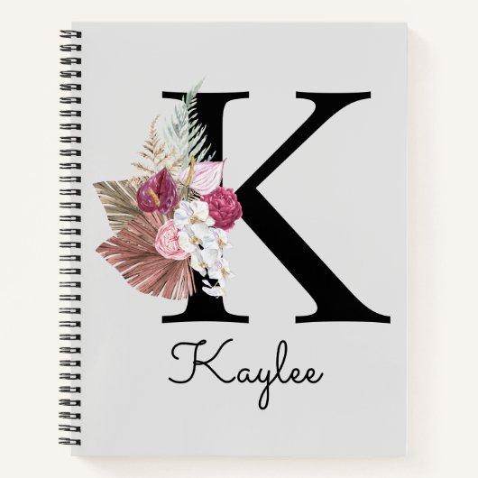 Carnet Initiale K brodée rose floral bohème (Devant)