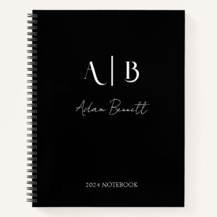 Carnet Initiales de monogramme personnalisé moderne noir