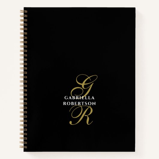 Carnet Initiales dorées Monogramme noir Nom blanc Élégant (Devant)