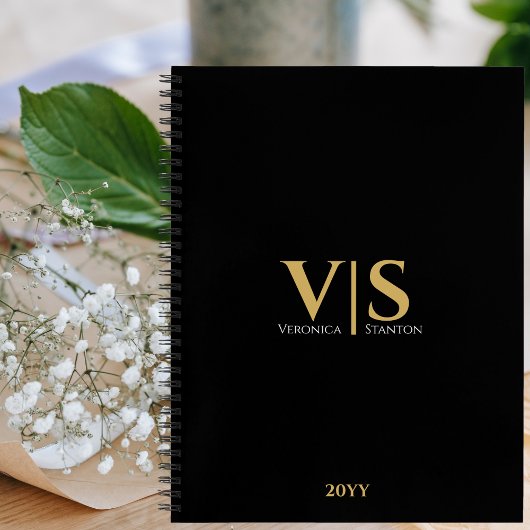 Carnet Initiales Monogramme Or Noir Moderne Professionnel