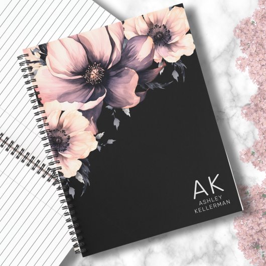 Carnet Initiales Monogrammes Florales Noir Rose Moderne