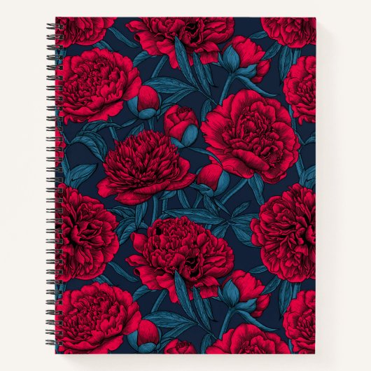 Carnet Jardin de pivoine rouge sur bleu foncé (Devant)