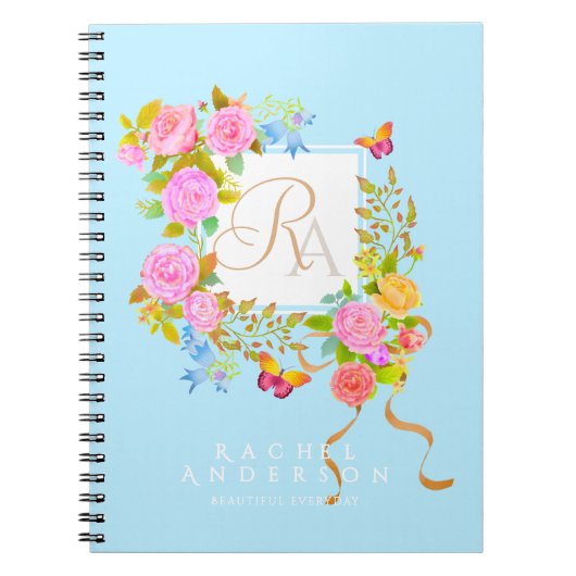 Carnet Jardin fleuri romantique monogramme bleu (Devant)