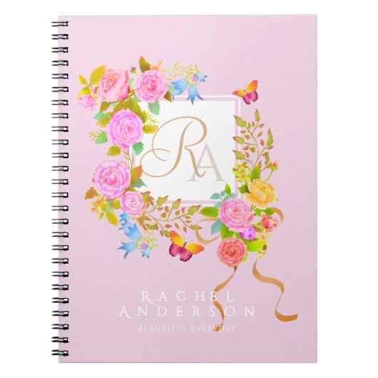 Carnet Jardin fleuri romantique monogramme jaune (Devant)