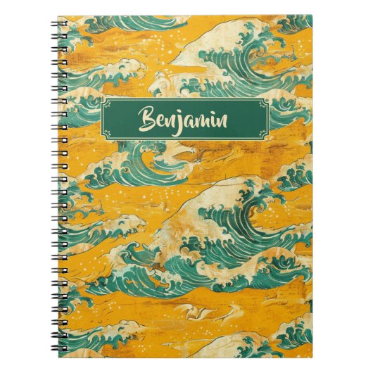 Carnet Jaune Turquoise Japonaise Vagues Océan traditionne (Devant)