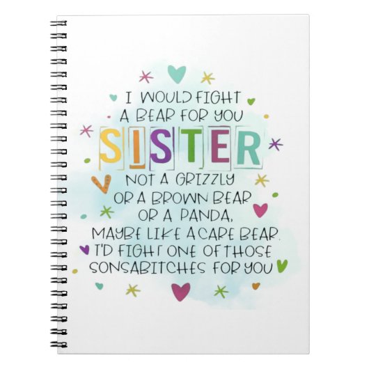 Carnet Je combattrais une ours pour toi soeur (Devant)
