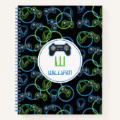 Carnet Jeu vidéo Neon Blue & Green Motif Monogramme (Devant)