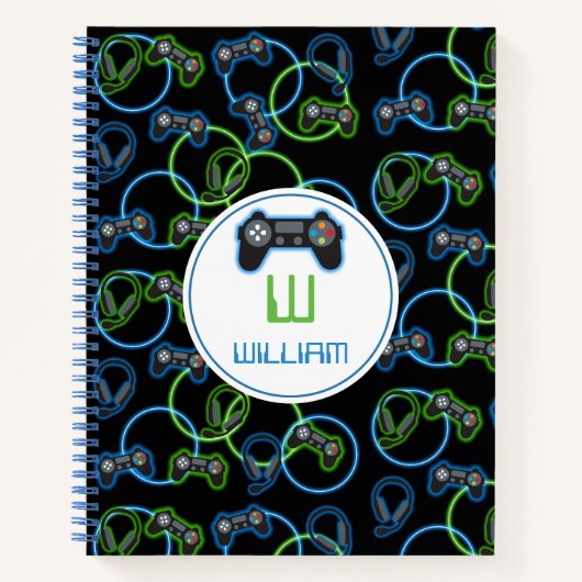 Carnet Jeu vidéo Neon Blue & Green Motif Monogramme (Devant)