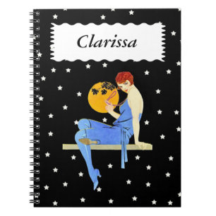 Carnet Joli 1920 Flapper Red Hair Stars Lune Pearls
