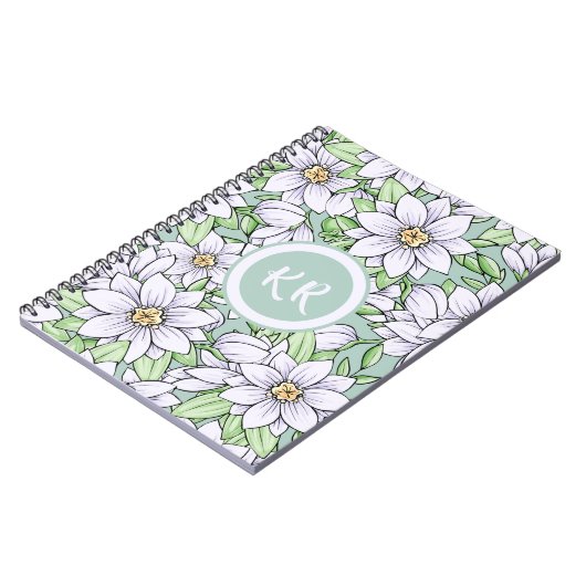 Carnet Joli Blanc Vert Fleurs Florales Feuille Monogramme (Côté gauche)