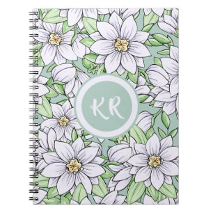 Carnet Joli Blanc Vert Fleurs Florales Feuille Monogramme