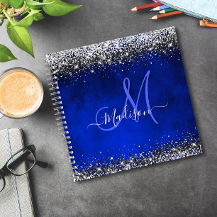 Carnet Joli bleu royal argent faux monogramme pailleté