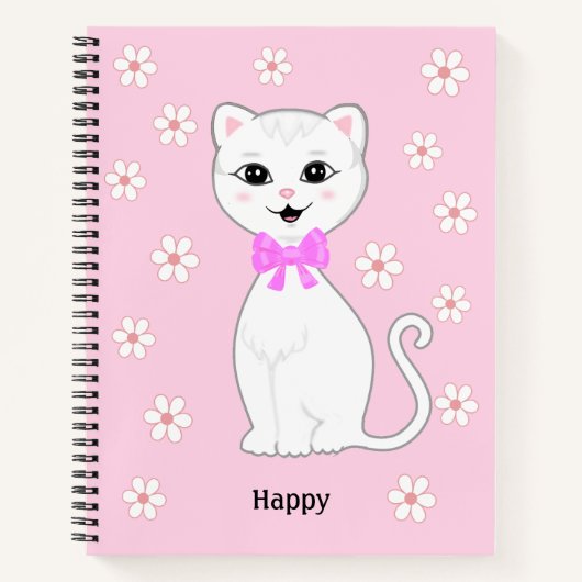 Carnet Joli Chat Blanc & Fleurs sur Rose Clair (Devant)