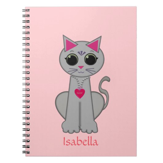 Carnet Joli chat gris & calligraphie de nom sur rose (Devant)