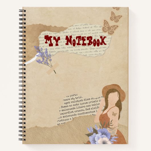 Carnet Joli gris, fleur, papillon et texte (Devant)