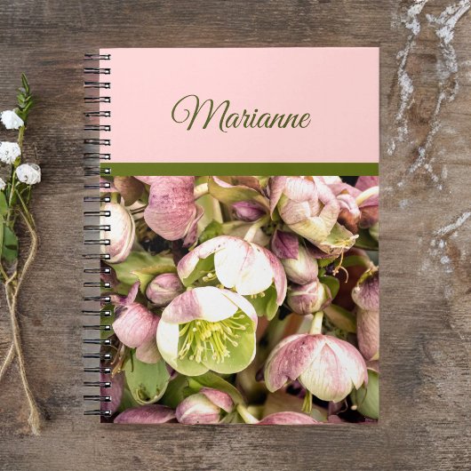 Carnet Joli Hellebore rose et olive personnalisé