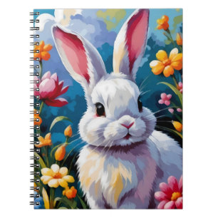 Carnet Joli Lapin Blanc Entouré de Fleurs Vibrantes