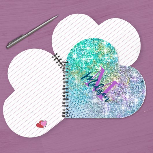 Carnet Joli monogramme faux paillettes licorne turquoise 