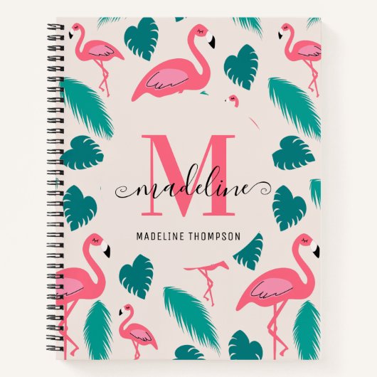 Carnet Joli Monogramme Feuille tropical Flamant rose rose (Devant)