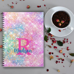 Carnet Joli monogramme iridescent licorne rose faux paill