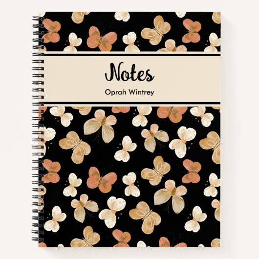 Carnet Joli monogramme Papillon Nom personnalisé Noir (Devant)
