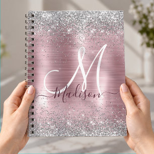 Carnet Joli monogramme rose poudré argenté faux paillette