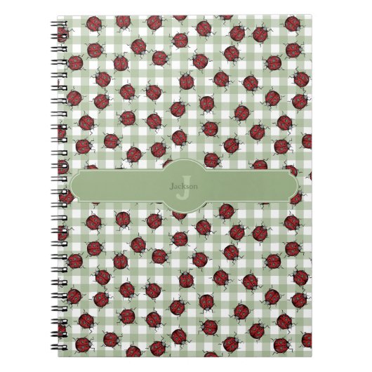 Carnet Joli motif de coccinelle, vichy vert et monogramme (Devant)