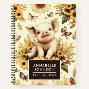 Carnet Joli Motif de cochon de tournesol Vintage
