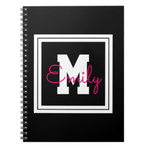 Carnet Joli nom encadré & monogramme Noir Blanc & Rose