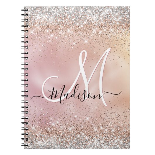 Carnet Joli rose or faux argent parties scintillant monog (Devant)