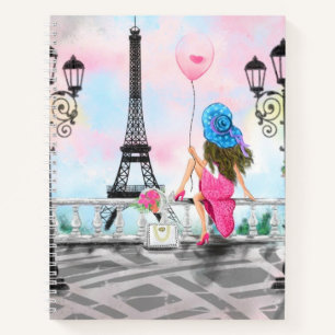 Carnet Jolie femme et ballon de coeur rose - I Love Paris
