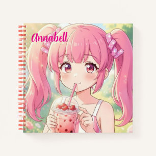 Carnet Jolie fille d'anime en rose buvant du thé à bulles