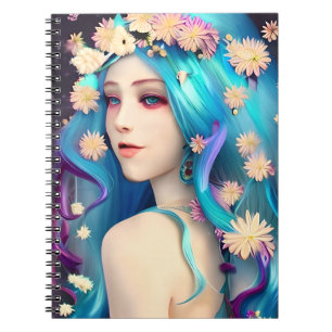 Carnet Jolie Fille Éthérée avec des Fleurs dans les Cheve
