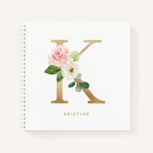 Carnet Jolie Florales Faux Gold Foil Lettre K Monogramme (Devant)