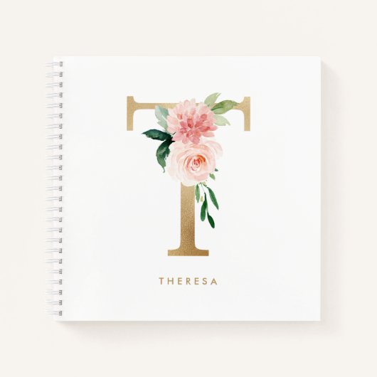 Carnet Jolie Florales Faux Gold Foil Lettre T Monogramme (Devant)