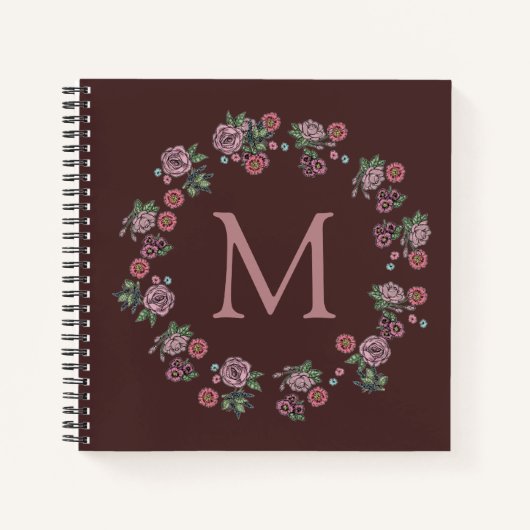 Carnet Jolie rose Roses Wreath Monogramme Bourgogne (Devant)