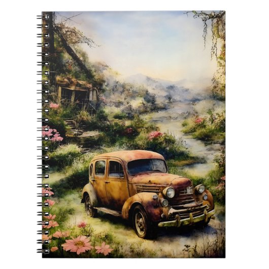Carnet jolie voiture vintage fleurs rouillées (Devant)