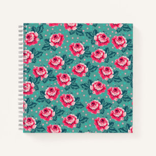 Carnet Jolies roses roses et motif à pois sur sarcelle